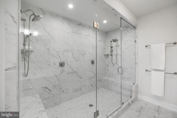 Bathroom, Glass Shower, Interior, Marble, Marble Walls, Recessed Lighting