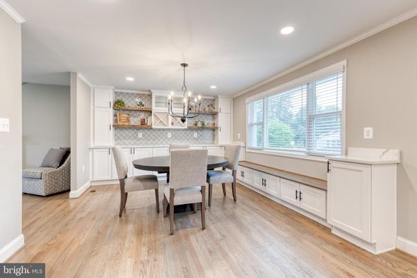 Dining room, Interior, Pendant Lights, Recessed Lighting, Wood Texture Flooring