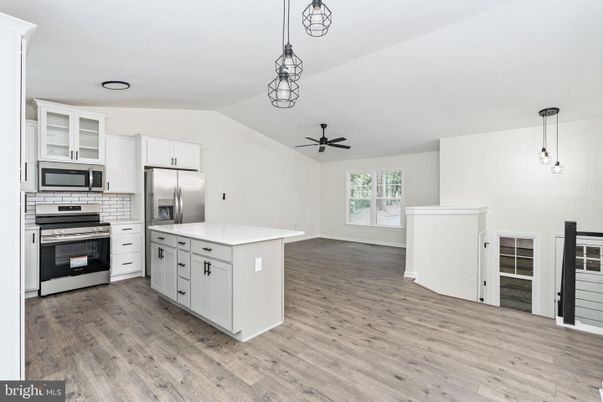 Interior, Kitchen, Pendant Lights, Stainless Steel Appliances, Wood Texture Flooring