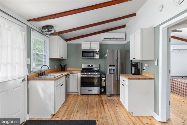 Interior, Kitchen, Stainless Steel Appliances, Wooden Beams, Wood Texture Flooring