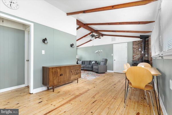Dining room, Interior, Stone Walls, Wooden Beams, Wood Texture Flooring