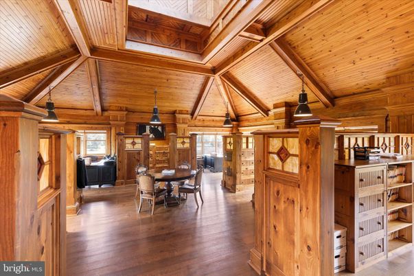 Dining room, Interior, Pendant Lights, Wooden Beams, Wooden Ceilings, Wood Texture Flooring, Wooden Walls