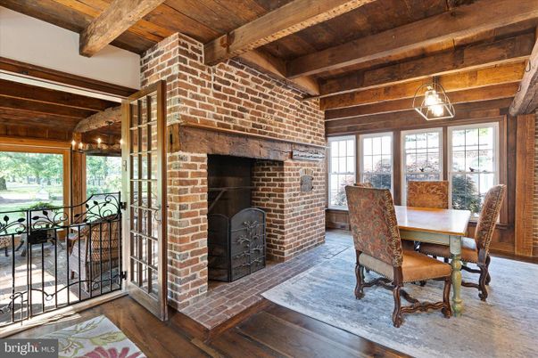 Dining room, Fireplace, Interior, Pendant Lights, Stone Walls, Wooden Beams, Wooden Ceilings, Wood Texture Flooring