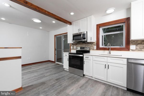 Interior, Kitchen, Recessed Lighting, Stainless Steel Appliances, Wooden Beams, Wood Texture Flooring