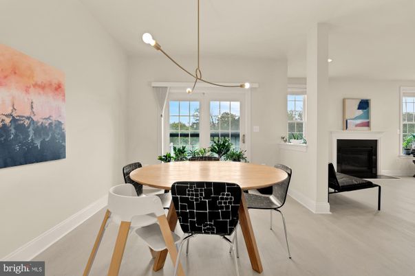 Dining room, Fireplace, Interior, Pendant Lights, Wood Texture Flooring