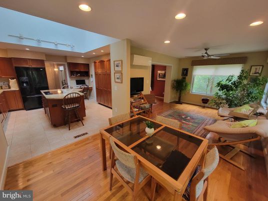 Dining room, Interior, Kitchen, Living room, Recessed Lighting, Wood Texture Flooring