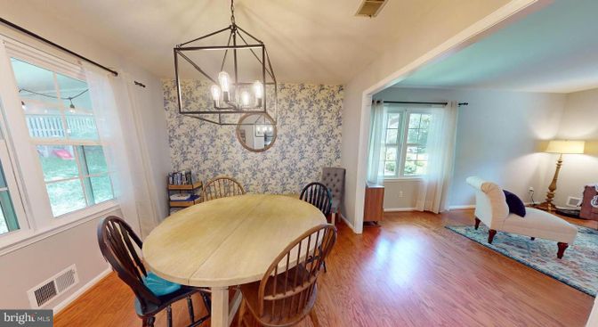 Dining room, Interior, Pendant Lights, Wood Texture Flooring