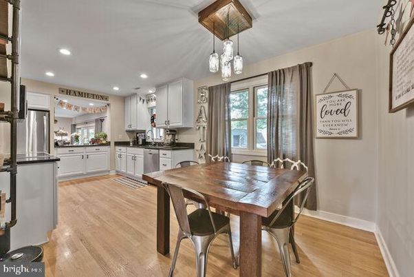 Dining room, Interior, Kitchen, Pendant Lights, Recessed Lighting, Stainless Steel Appliances, Wood Texture Flooring