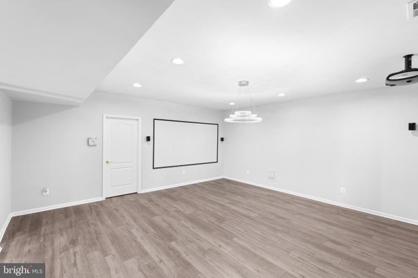 Empty room, Interior, Pendant Lights, Projection Screen, Recessed Lighting, Wood Texture Flooring