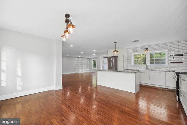 Empty room, Interior, Kitchen, Pendant Lights, Recessed Lighting, Wood Texture Flooring