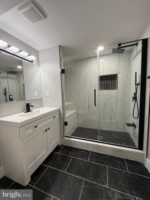 Bathroom, Dual Sink Vanities, Glass Shower, Interior, Marble Walls