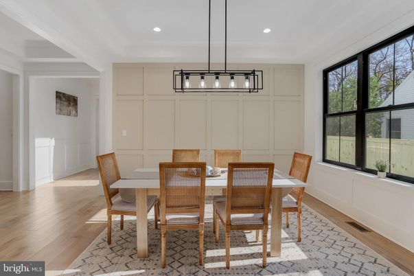 Dining room, Interior, Pendant Lights, Recessed Lighting, Wood Texture Flooring