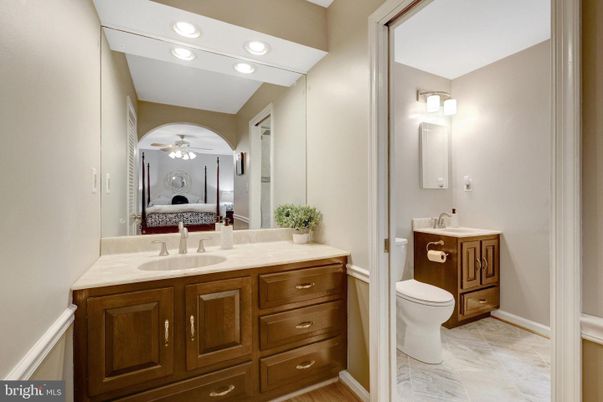 Bathroom, Interior, Marble, Recessed Lighting, Wood Texture Flooring