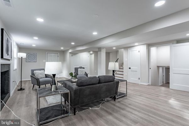 Fireplace, Interior, Living room, Recessed Lighting, Wood Texture Flooring