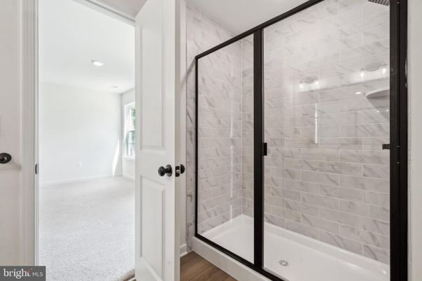 Bathroom, Glass Shower, Interior, Recessed Lighting, Wood Texture Flooring
