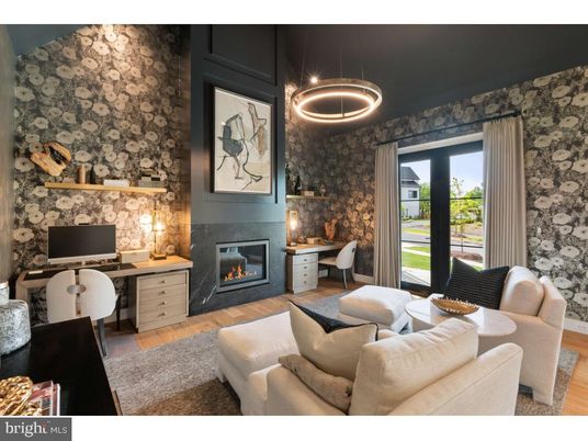 Fireplace, Home Office, Interior, Living room, Pendant Lights, Wood Texture Flooring
