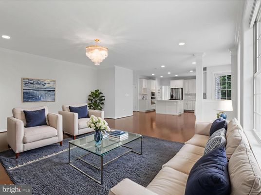 Chandelier, Interior, Kitchen, Living room, Recessed Lighting, Stainless Steel Appliances, Wood Texture Flooring