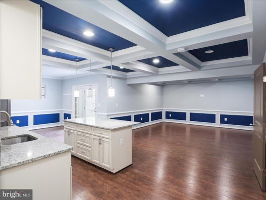 Empty room, Interior, Kitchen, Pendant Lights, Recessed Lighting, Wood Texture Flooring