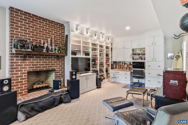 Fireplace, Home Office, Interior, Recessed Lighting, Stone Walls