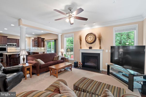 Fireplace, Interior, Kitchen, Living room, Recessed Lighting, Stainless Steel Appliances