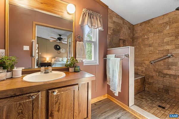 Bathroom, Interior, Stone Walls, Wood Texture Flooring