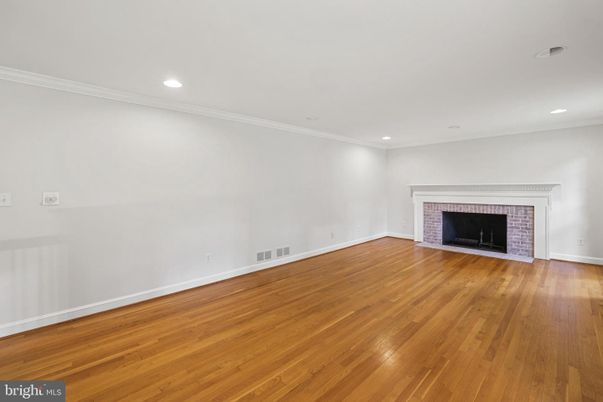 Empty room, Fireplace, Interior, Recessed Lighting, Wood Texture Flooring