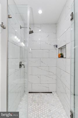 Bathroom, Glass Shower, Interior, Marble Walls, Recessed Lighting
