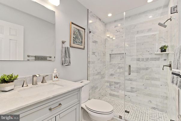Bathroom, Glass Shower, Interior, Marble Walls, Recessed Lighting