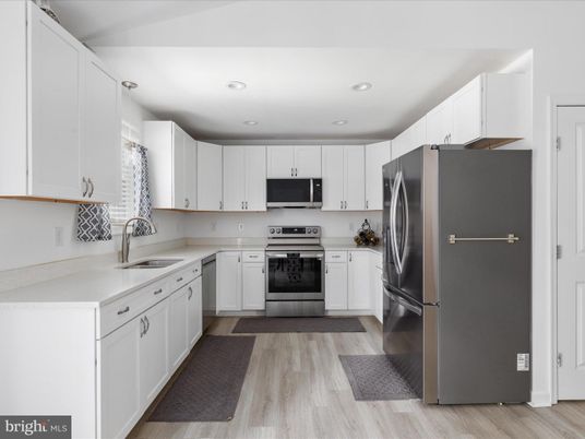 Interior, Kitchen, Recessed Lighting, Stainless Steel Appliances, Wood Texture Flooring