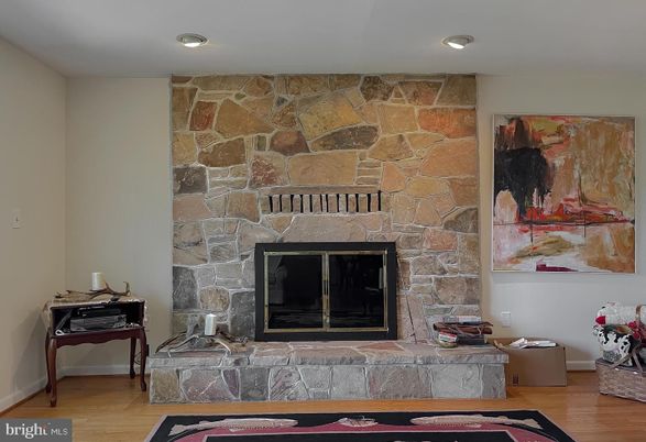 Fireplace, Interior, Recessed Lighting, Stone Walls, Wood Texture Flooring