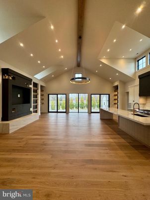 Empty room, Fireplace, Interior, Pendant Lights, Recessed Lighting, Wood Texture Flooring
