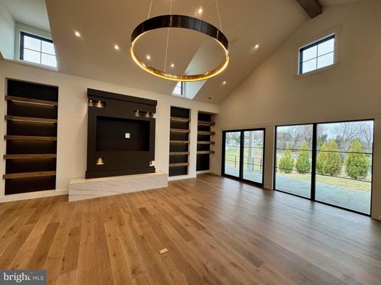 Empty room, Fireplace, Interior, Pendant Lights, Recessed Lighting, Wood Texture Flooring
