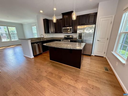 Interior, Kitchen, Pendant Lights, Recessed Lighting, Stainless Steel Appliances, Wood Texture Flooring