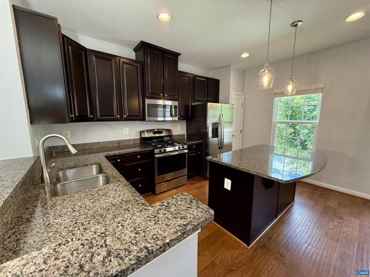 Interior, Kitchen, Pendant Lights, Recessed Lighting, Stainless Steel Appliances, Wood Texture Flooring
