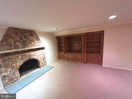 Empty room, Fireplace, Interior, Recessed Lighting, Stone Walls