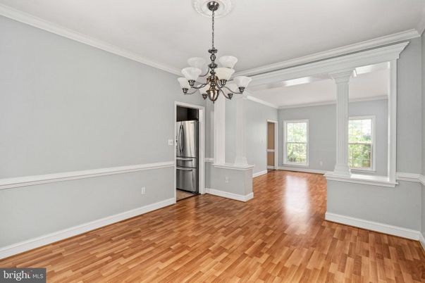 Chandelier, Empty room, Interior, Stainless Steel Appliances, Wood Texture Flooring