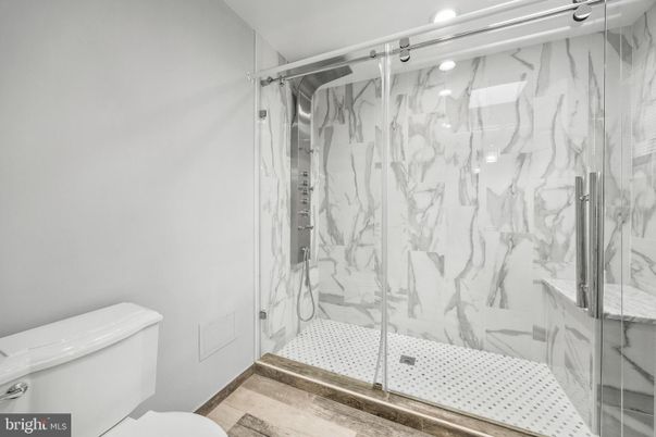 Bathroom, Glass Shower, Interior, Marble Walls, Recessed Lighting