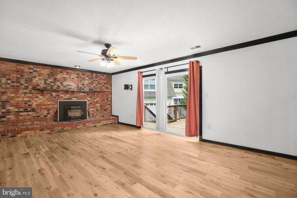 Empty room, Fireplace, Interior, Stone Walls, Wood Texture Flooring
