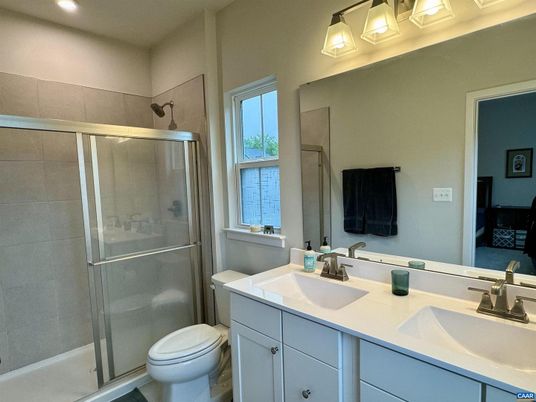 Bathroom, Dual Sink Vanities, Glass Shower, Interior, Recessed Lighting