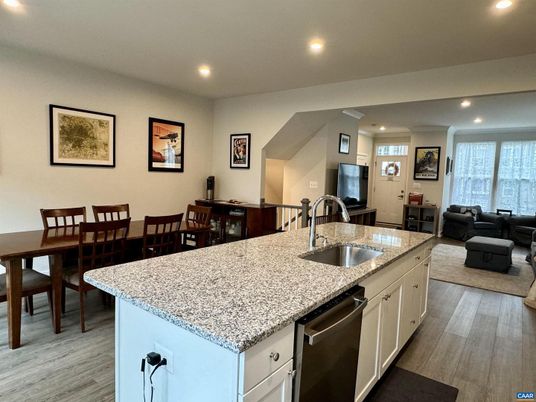 Dining room, Interior, Kitchen, Living room, Recessed Lighting, Wood Texture Flooring