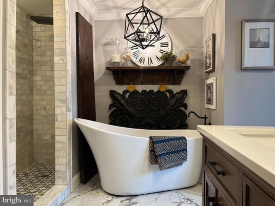 Bathroom, Free Standing Baths, Interior, Marble, Pendant Lights, Stone Walls