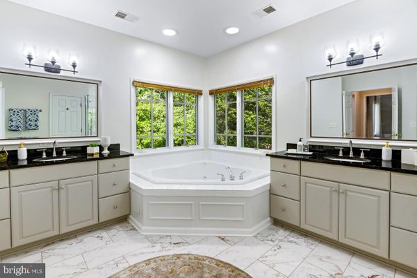 Bathroom, Dual Sink Vanities, Interior, Marble, Recessed Lighting, Tile Countertops