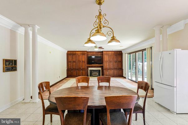Dining room, Fireplace, Interior, Pendant Lights