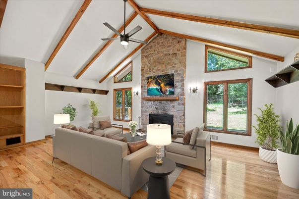 Fireplace, Interior, Living room, Stone Walls, Wooden Beams, Wood Texture Flooring