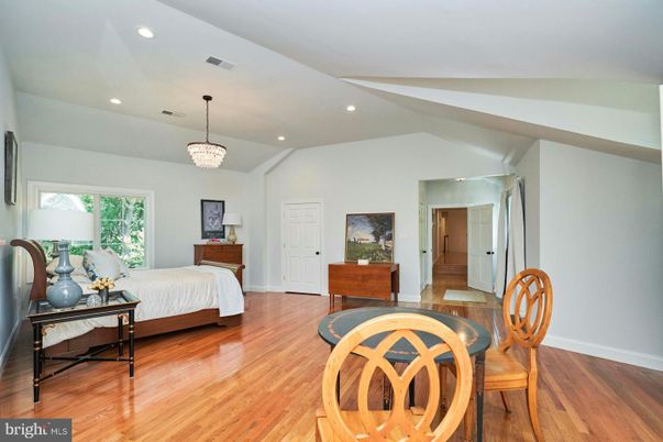 Bedroom, Chandelier, Interior, Recessed Lighting, Wood Texture Flooring