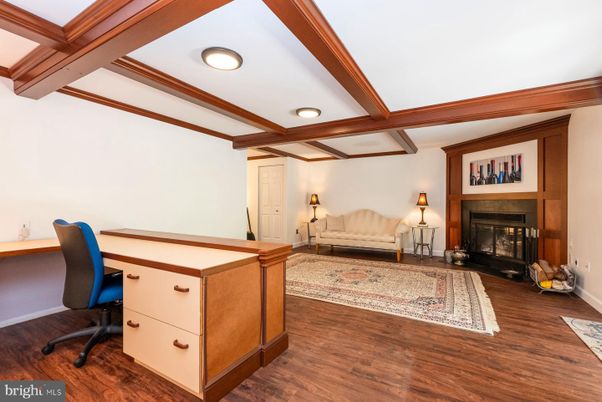 Fireplace, Home Office, Interior, Recessed Lighting, Wooden Beams, Wood Texture Flooring