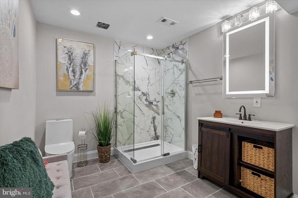Bathroom, Glass Shower, Interior, Marble Walls, Recessed Lighting