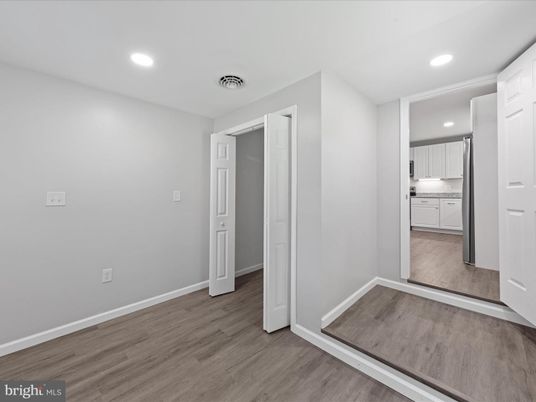 Empty room, Interior, Kitchen, Recessed Lighting, Wood Texture Flooring