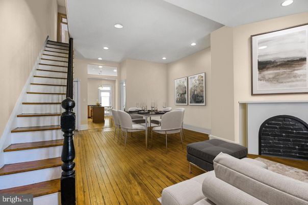 Dining room, Fireplace, Interior, Recessed Lighting, Wood Texture Flooring
