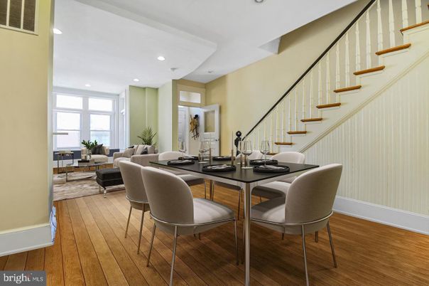 Dining room, Interior, Living room, Recessed Lighting, Wood Texture Flooring